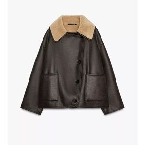 Zara Women's brown Leather Jacket with Tan Collar